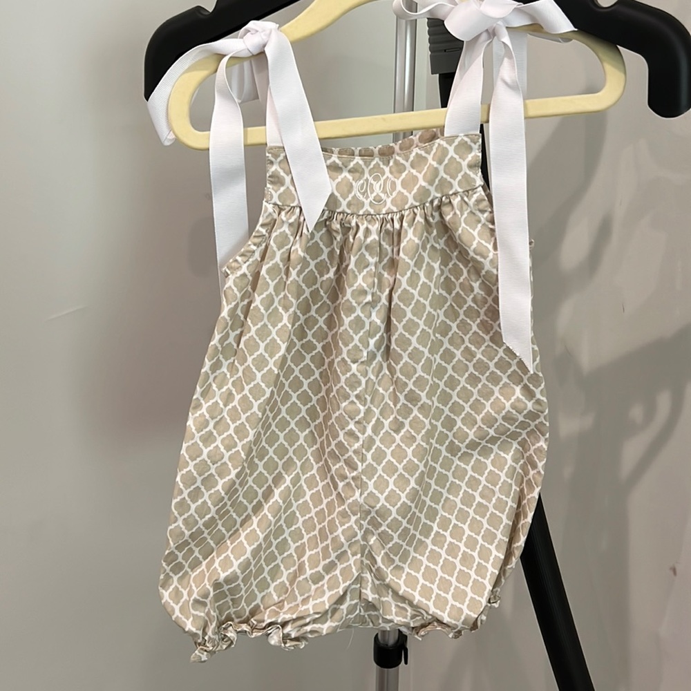 Khaki Sunsuit, with ribbon ties, monogrammed CCO